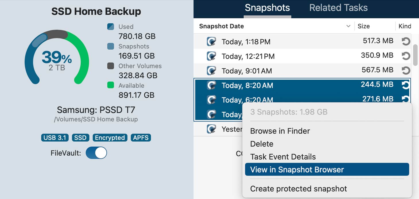 Carbon Copy Cloner snapshot browser — historical APFS states